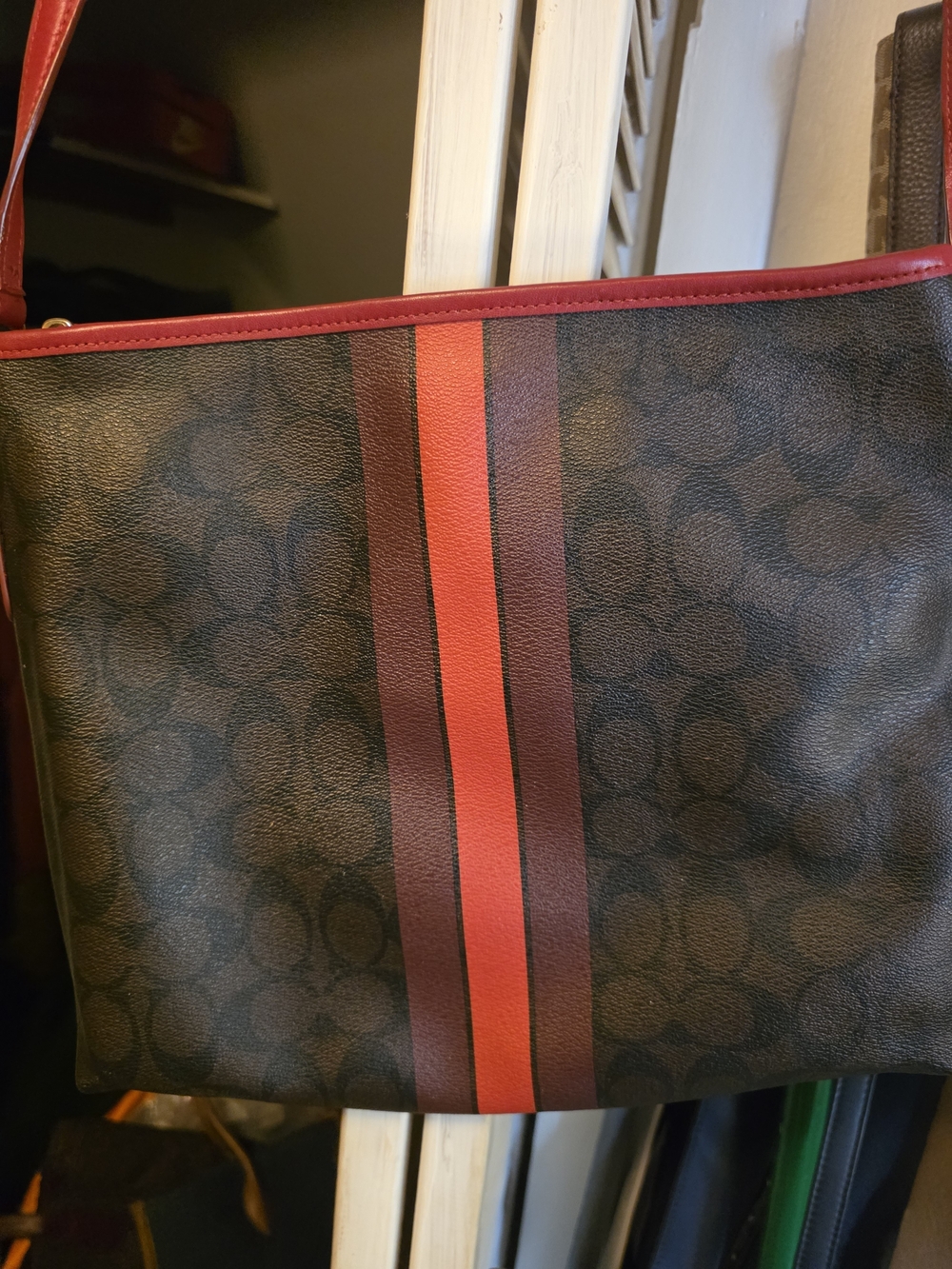 COACH Brown Signature Crossbody with Red Stripe Trim - Picture 2 of 3
